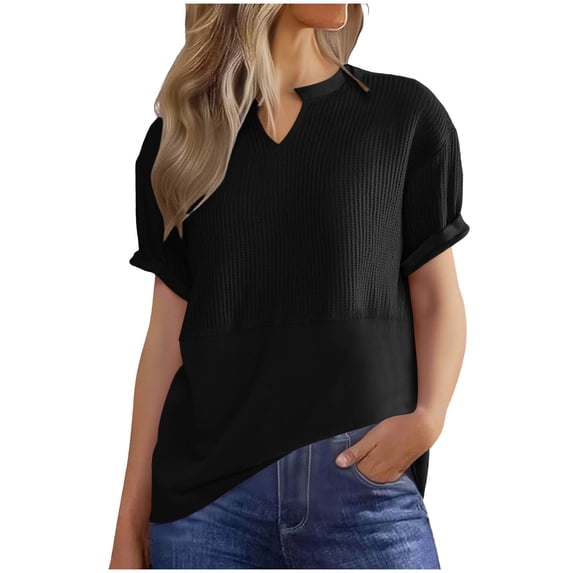 Womens Waffle Knit Summer Shirts Cap Sleeve Blouse V Neck Patchwork Tees Preppy Loose Fitted Work Pullovers