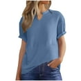 thumbnail image 1 of Womens Waffle Knit Summer Shirts Cap Sleeve Blouse V Neck Patchwork Tees Preppy Loose Fitted Work Pullovers, 1 of 9