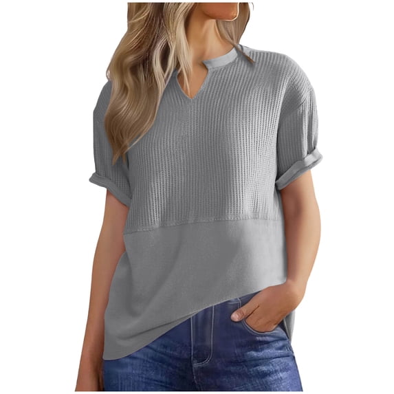 Womens Waffle Knit Summer Shirts Cap Sleeve Blouse V Neck Patchwork Tees Preppy Loose Fitted Work Pullovers