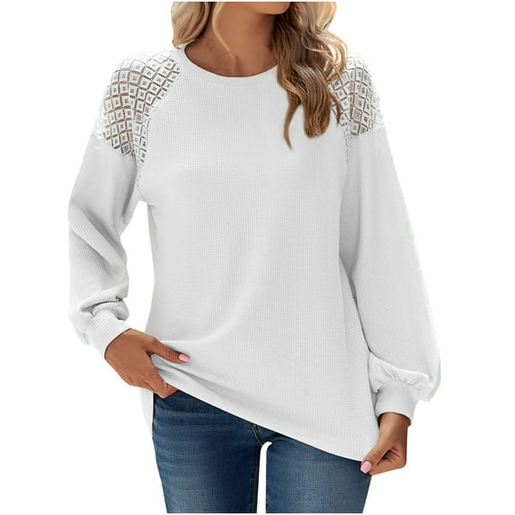 Womens Waffle Knit Sweaters Long Sleeve Blouse Solid Color Tunic Shirts Hollow Out Sleeve Tops Crew Neck Loose Tops