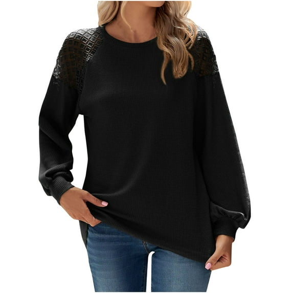 Womens Waffle Knit Sweaters Long Sleeve Blouse Solid Color Tunic Shirts Hollow Out Sleeve Tops Crew Neck Loose Tops