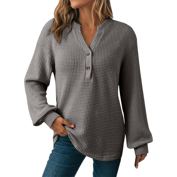 Womens Waffle Knit Sweatshirt Casual Loose Long Sleeve Henley Button V Neck Pullover Tops Fall Trendy Outfits