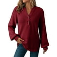 thumbnail image 1 of Womens Waffle Knit Sweatshirt Casual Loose Long Sleeve Henley Button V Neck Pullover Tops Fall Trendy Outfits, 1 of 5