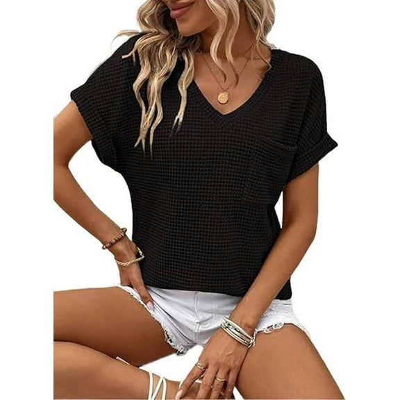 Womens Waffle Knit Tops Spring Summer V Neck Shirts Casual Women'S Blouses Basic Tee Black M