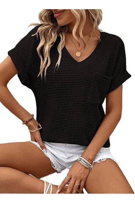 Womens Waffle Knit Tops 2025 Spring Summer V Neck Shirts Casual Women'S Blouses Basic Tee Black XL