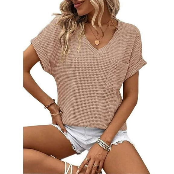 Womens Waffle Knit Tops Spring Summer V Neck Shirts Casual Women'S Blouses Basic Tee Khaki XXL