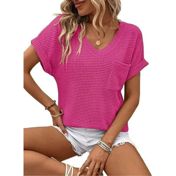 Womens Waffle Knit Tops 2025 Spring Summer V Neck Shirts Casual Women'S Blouses Basic Tee Rose Red XL