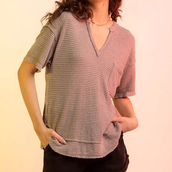 Womens Waffle Knit Tops 2026 Spring Summer V Neck Shirts Casual Trendy Women's Blouses Basic Tee Gray M