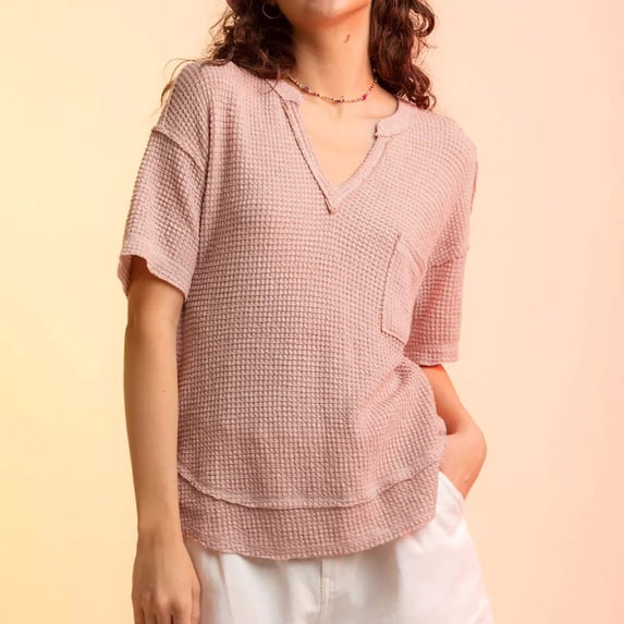 Womens Waffle Knit Tops 2026 Spring Summer V Neck Shirts Casual Trendy Women's Blouses Basic Tee Pink XL