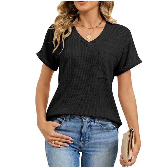 Womens Waffle Knit Tops 2026 Summer V-Neck Shirts Fashion Casual Roll up Short Sleeve Basic Tee,Black,XXL