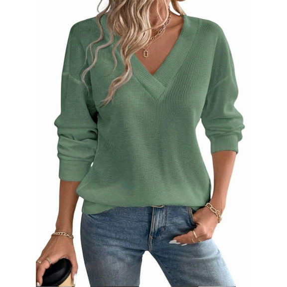 Womens Waffle Knit Tops Fashion Long Lantern Sleeve Casual Blouses V Neck Oversized T Shirts Green M