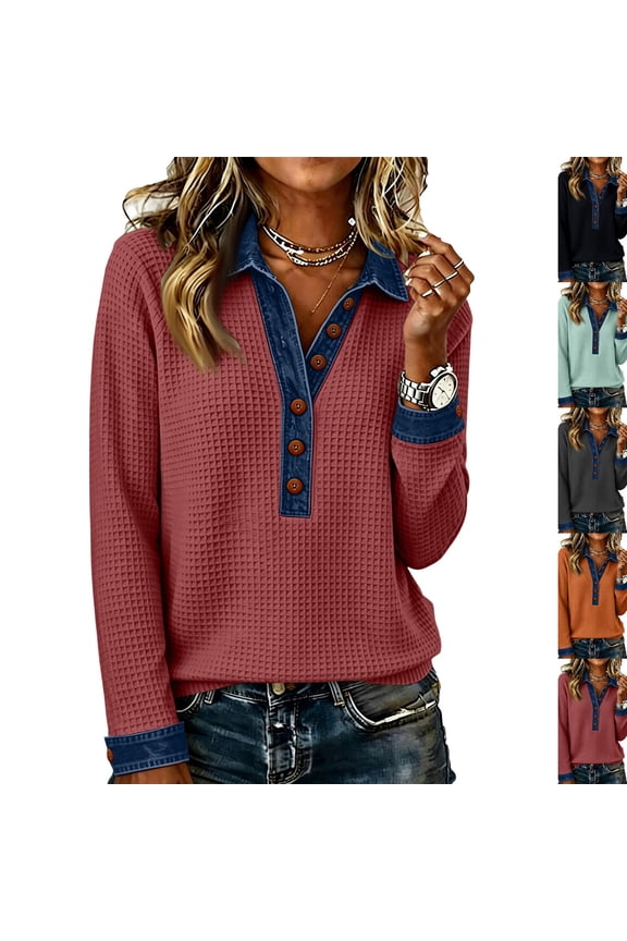 Womens Waffle Knit Tops Long Sleeve Denim Patchwork Shirt Sweater Tunics|Jean Collar Sweater, Soft, Long Sleeve, Comfy,Casual, Work, Lounge, Workout, Travel, Fall Clothes Watermelon Red M