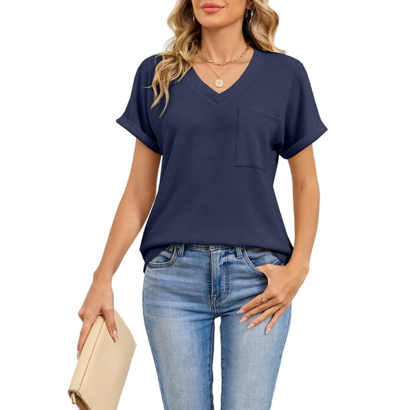 Womens Waffle Knit Tops Spring Summer V Neck Shirts Casual Trendy Women'S Blouses Basic Tee Navy Blue M