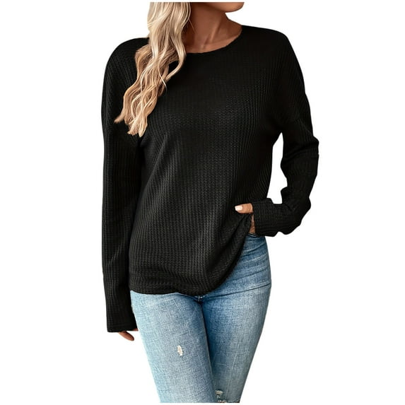 Womens Waffle Knit Tops Thermal Long Sleeve T Shirts for Women Slim Fitted Crew Neck Pullover Shirts Blouse