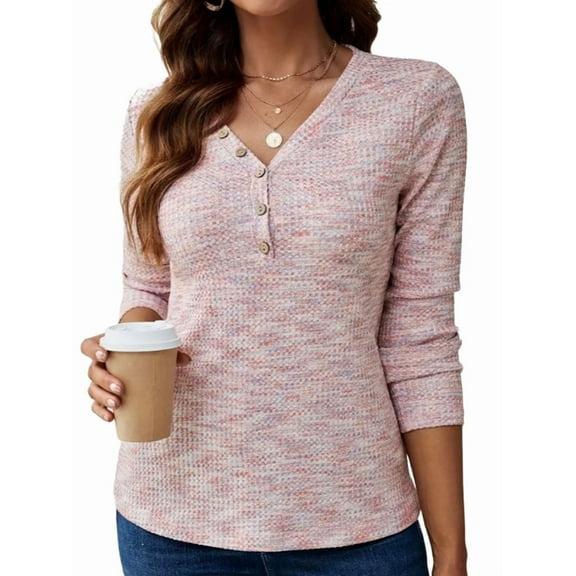 Womens Waffle Knit Tops V Neck Long Sleeve Shirts Dresy Casual Blouses Fall Outfits 2025 Pink M