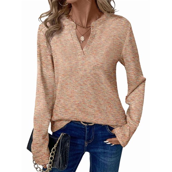 Womens Waffle Knit Tops V Neck Long Sleeve Shirts Henley Dresy Casual Blouses Fall Outfits 2025 Golden  L