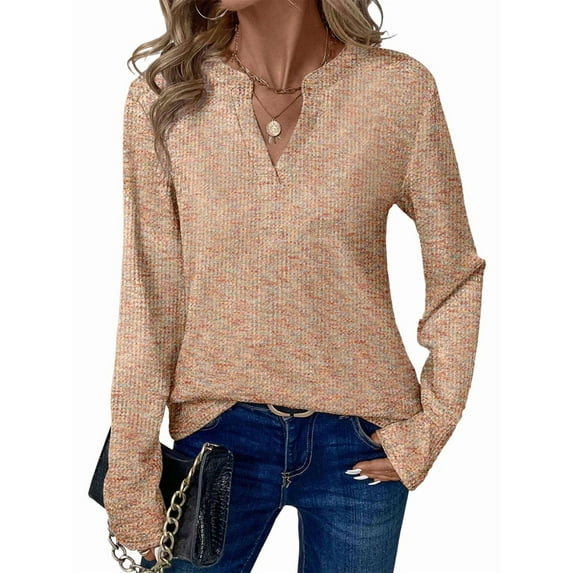 Womens Waffle Knit Tops V Neck Long Sleeve Shirts Henley Dresy Casual Blouses Fall Outfits 2025 Golden XL