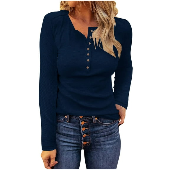 Womens Waffle Knit Tops with Buttons Crew Henley Neck Shirt Solid Color Fitted Casual Dressy Pullover Sweatshirt (M, Navy)