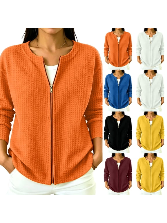 Womens Waffle Knit Zip Up Jacket Long Sleeve Loose Fit Front Pockets Casual Knit Cardigan Jacket Lightweight Outerwear Spring Fall