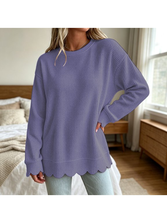Womens Waffle Knitted Crewneck Sweatshirts Scalloped Casual Pullover Tops