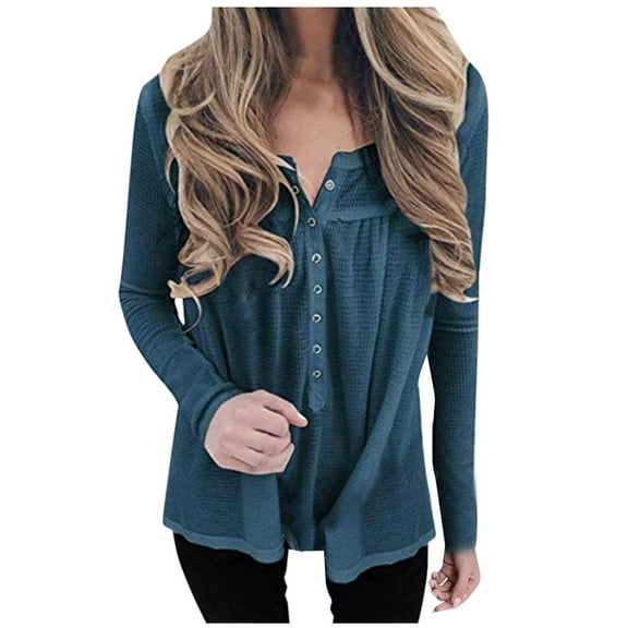 Womens Waffle Knitted Tops Long Sleeve Oversized Fall Casual V Neck Solid Color Buttons Down Pullover Shirts (Blue M)