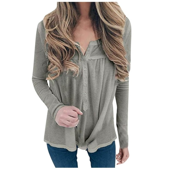 Womens Waffle Knitted Tops Long Sleeve Oversized Fall Casual V Neck Solid Color Buttons Down Pullover Shirts (Gray L)
