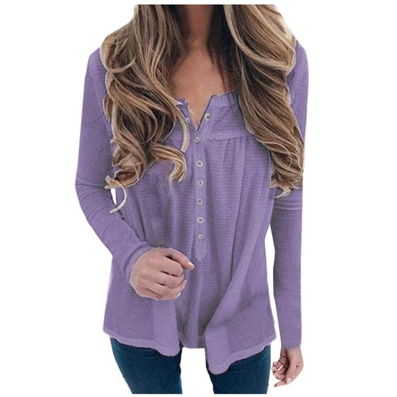 Womens Waffle Knitted Tops Long Sleeve Oversized Fall Casual V Neck Solid Color Buttons Down Pullover Shirts (Purple XL)
