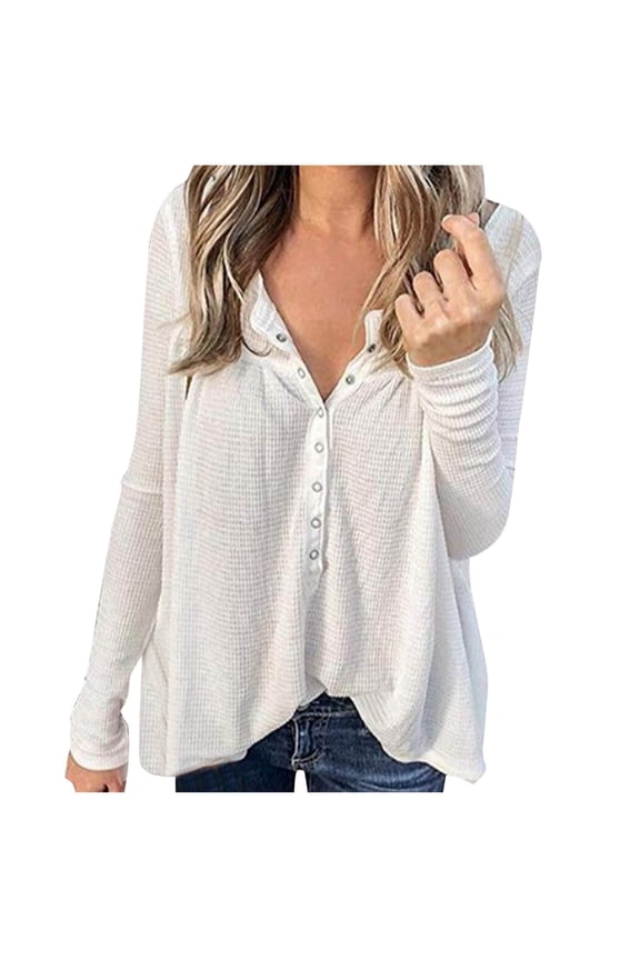 Womens Waffle Knitted Tops Long Sleeve Oversized Fall Casual V Neck Solid Color Buttons Down Pullover Shirts (White L)