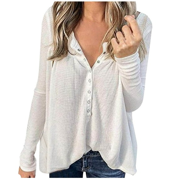Womens Waffle Knitted Tops Long Sleeve Oversized Fall Casual V Neck Solid Color Buttons Down Pullover Shirts (White M)