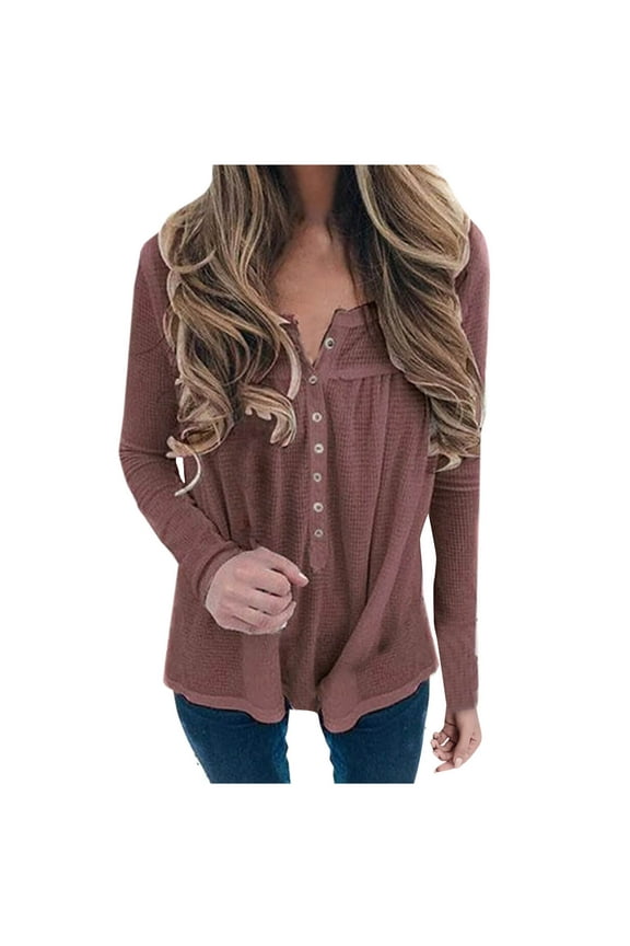 Womens Waffle Knitted Tops Long Sleeve Oversized Fall Casual V Neck Solid Color Buttons Down Pullover Shirts (Wine M)