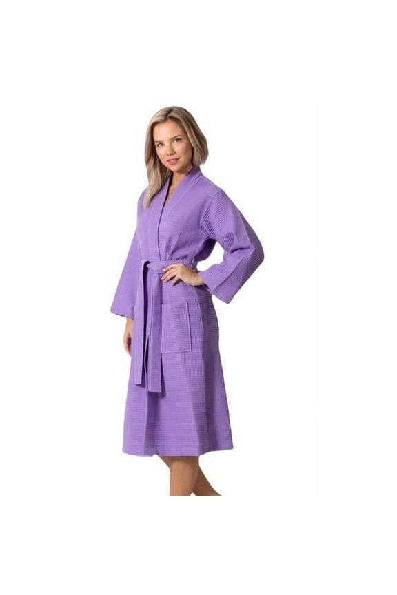 Womens Waffle Lilac Long Premium Cotton Blend Bathrobe - Small