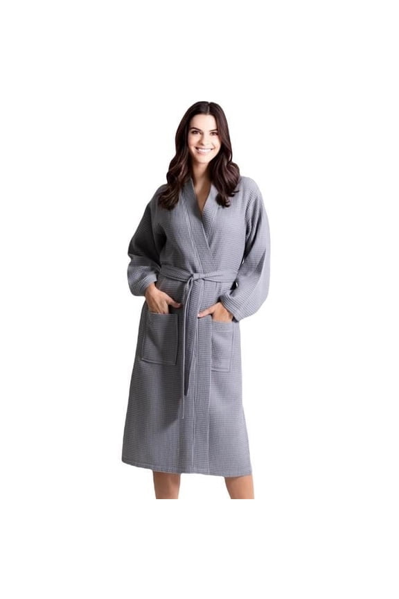 Womens Waffle Silver Long Premium Cotton Blend Bathrobe - Small