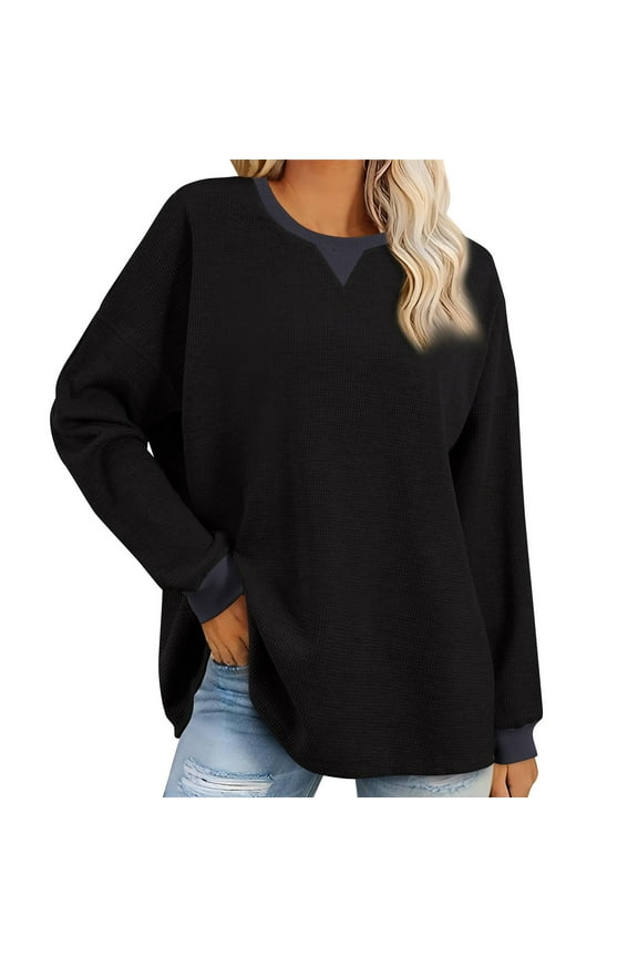 Womens Waffle Solid Color Tops Long Sleeve Crew Neck P
