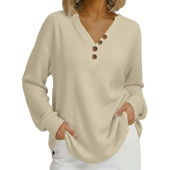 Womens Waffle Spring Clothes, Long Sleeve Pullover for Women Fall Fashion Loose Fit Solid Color V Neck Sweatshirts with Buttons Plus Size