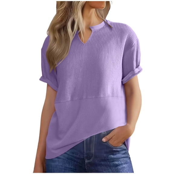 Womens Waffle Spring Clothes, Short Sleeve Shirts for Women Fashion Loose Fit Solid Color Notch V Neck T-Shirts