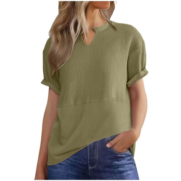 Womens Waffle Spring Clothes, Short Sleeve Shirts for Women Fashion Loose Fit Solid Color Notch V Neck T-Shirts