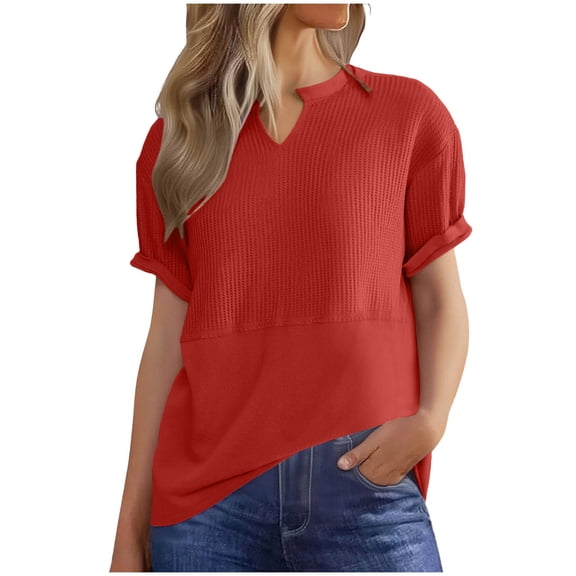 Womens Waffle Spring Clothes, Short Sleeve Shirts for Women Fashion Loose Fit Solid Color Notch V Neck T-Shirts