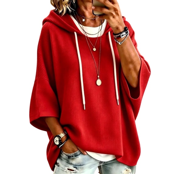 Womens Waffle Sweatshirt 3/4 Sleeve Oversized Hoodies For Women Casual Loose Fit Drawstring Hooded Pullover Tops For Daily Wear
