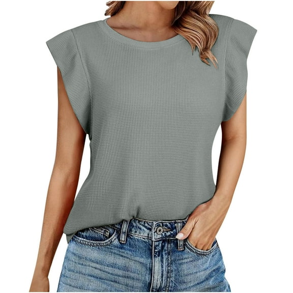 Womens Waffle T Shirts, Cap Short Sleeve Shirts for Women Summer Casual Loose Fit Solid Color Ruffle Crewneck Dressy Bliuses
