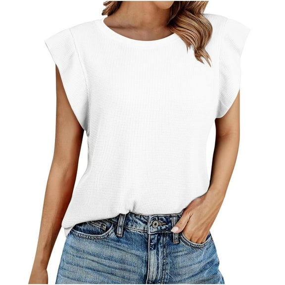 Womens Waffle T Shirts, Cap Short Sleeve Shirts for Women Summer Casual Loose Fit Solid Color Ruffle Crewneck Dressy Bliuses
