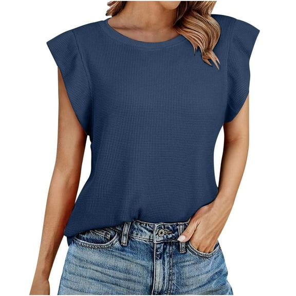 Womens Waffle T Shirts, Cap Short Sleeve Shirts for Women Summer Casual Loose Fit Solid Color Ruffle Crewneck Dressy Bliuses
