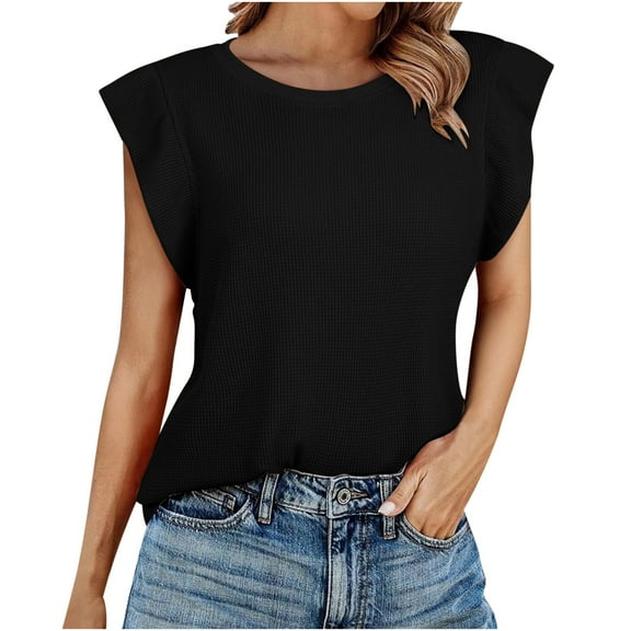 Womens Waffle T-Shirts, Cap Sleeve Shirts for Women Summer Casual Loose Fit Solid Color Crewneck Dressy Bliuses