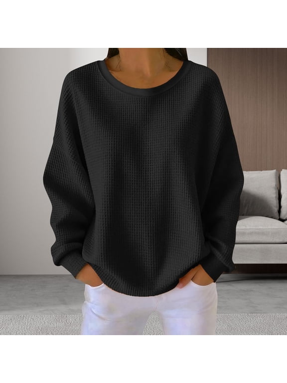Womens Waffle Texture Casual Top, Long Sleeve Crew Neck Pullover Blouse for Women, Lightweight Flowing Fabric Solid Color Long Sleeve Tops Women for Fall Business Casual and Everyday Wear Black