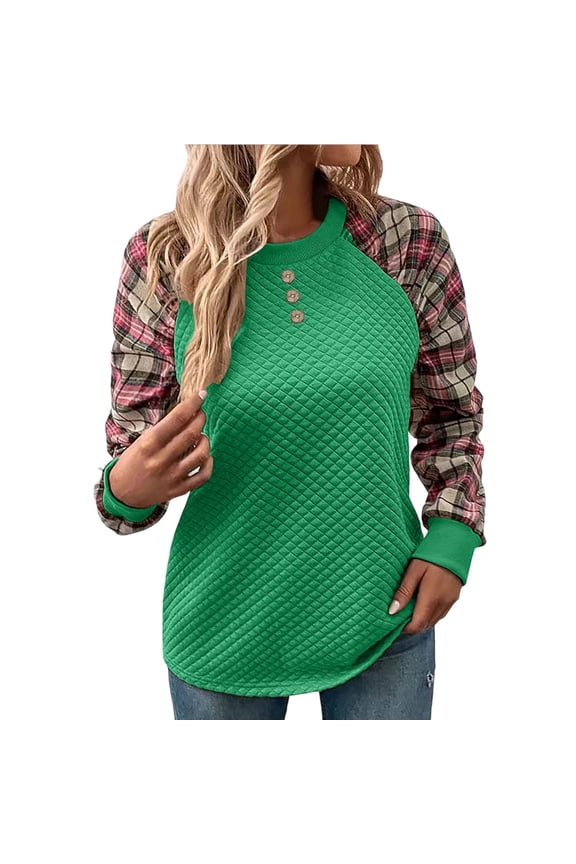 Womens Waffle Tops Casual Color Block Long Sleeve Sweatshirt Crewneck Striped Shirt Pullover T Shirts Loose Blouses