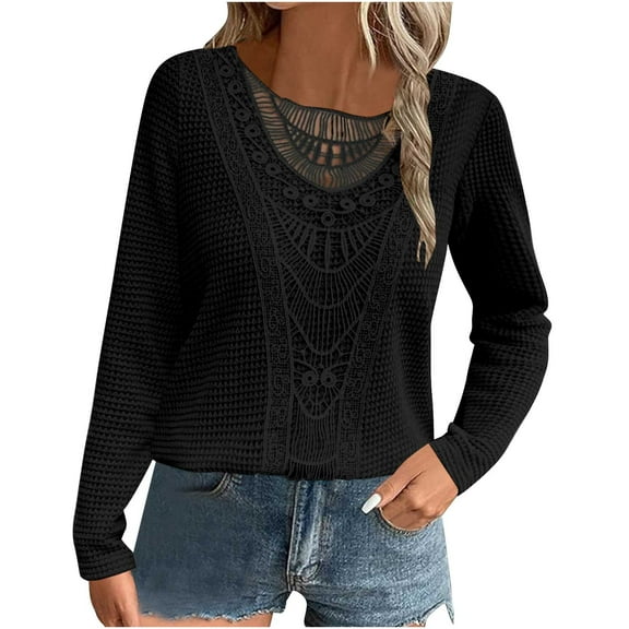 Womens Waffle Tops, Long Sleeve Pullover for Women Fall Fashion Loose Fit Solid Color Lace Patchwork Crewneck Sweatshirts S-2XL