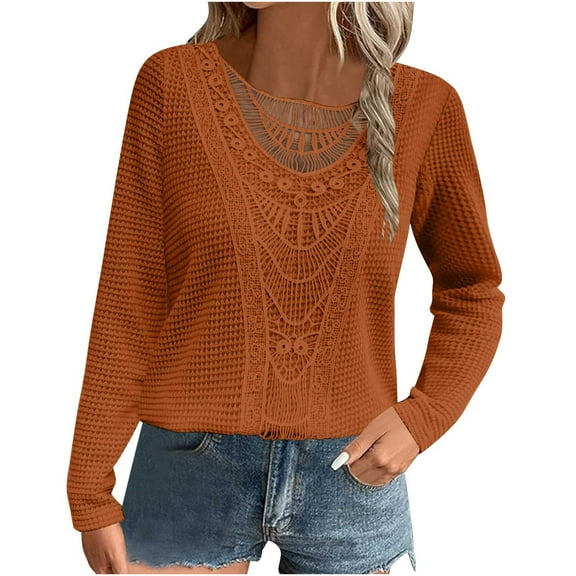 Womens Waffle Tops, Long Sleeve Pullover for Women Fall Fashion Loose Fit Solid Color Lace Patchwork Crewneck Sweatshirts S-2XL