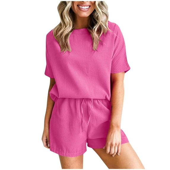 Womens Waffleknit Short Sets Casual Loose Fit Short Sleeve Tops Drawstring Wide Leg Shorts 2 Piece Loungewear Set Ladies Soft Going Out Outfits