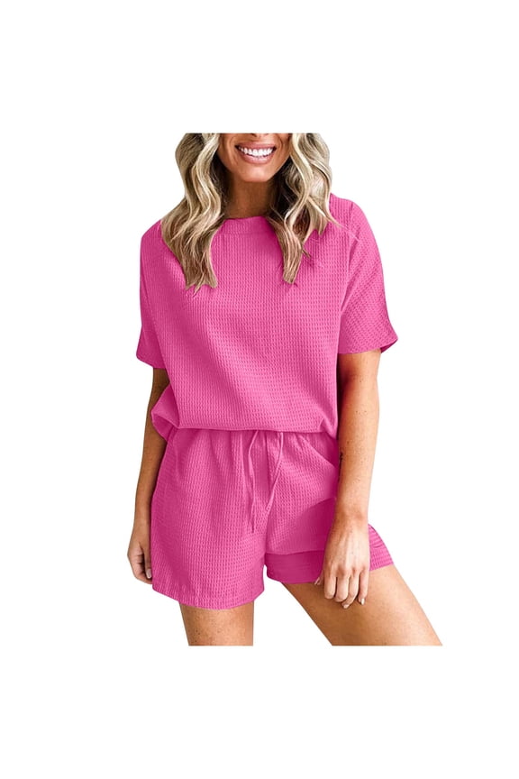 Womens Waffleknit Short Sets Casual Loose Fit Short Sleeve Tops Drawstring Wide Leg Shorts 2 Piece Loungewear Set Ladies Soft Going Out Outfits