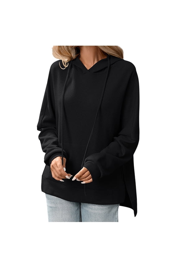 Womens Waffles Drawstring Hoodies, Long Sleeve Pullover for Women Fall Casual Solid Color Side Slit Hooded Sweatshirts with Pockets S-2XL