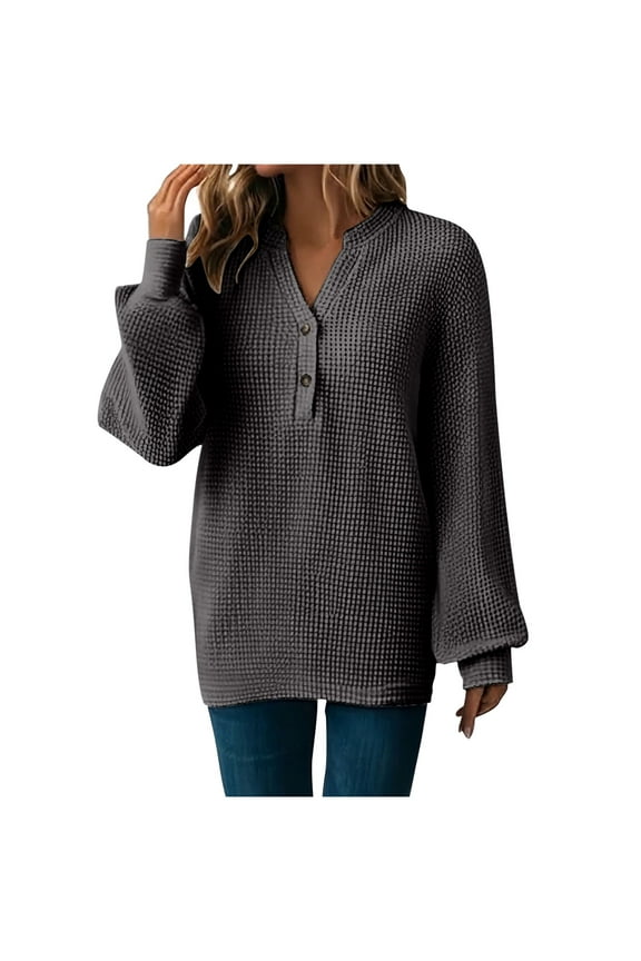 Womens Waffles Knit Tops, Dressy Casual Button V-Neck Pullover Shirts, Long Sleeve Blouses Fall Basic Tunic Tee Gray XXL